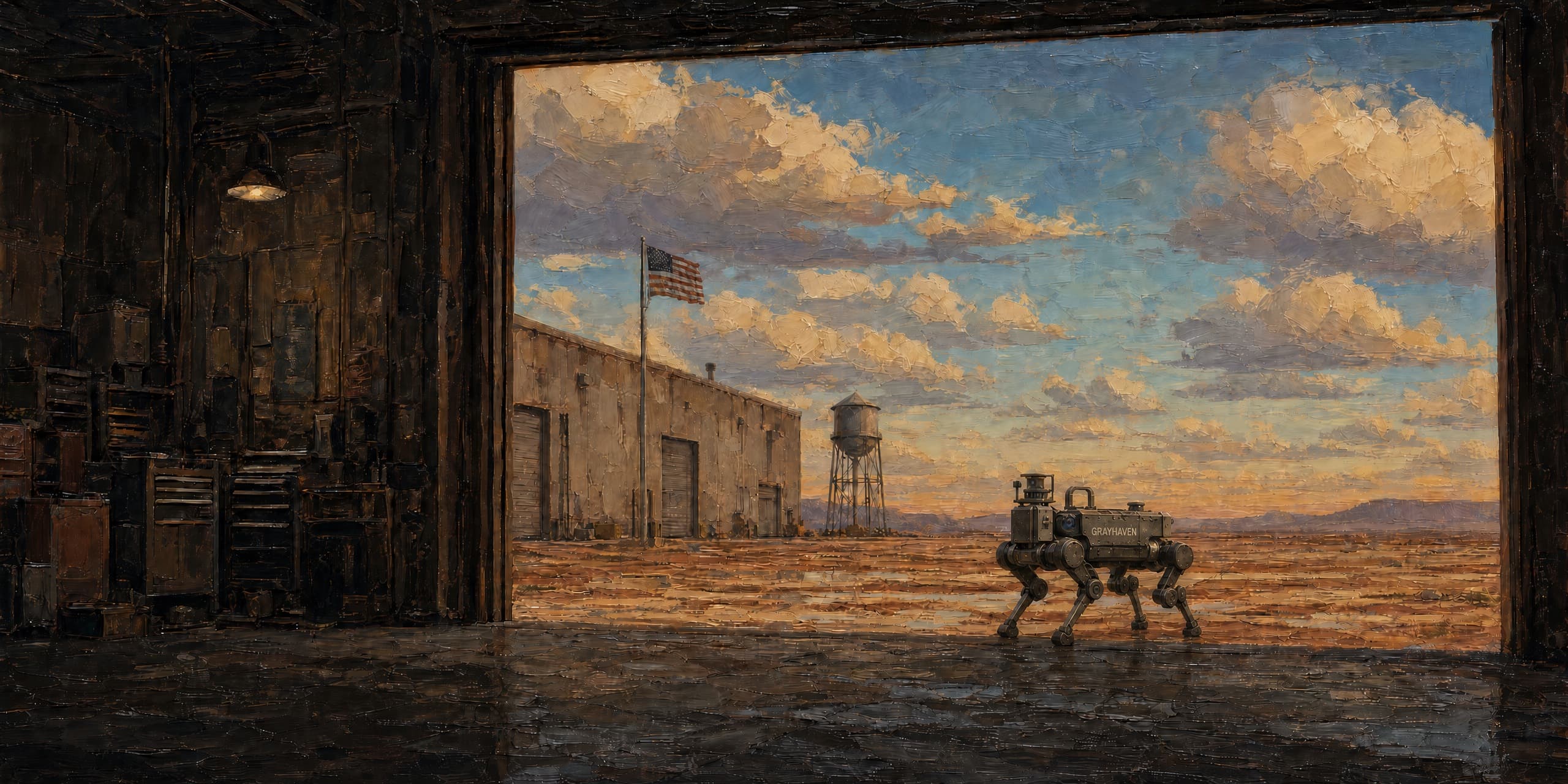 A painting: the view out through an open plant bay door onto a yard at last light, an American flag on a pole, a water tower beyond, and a four-legged Grayhaven inspection robot walking the yard