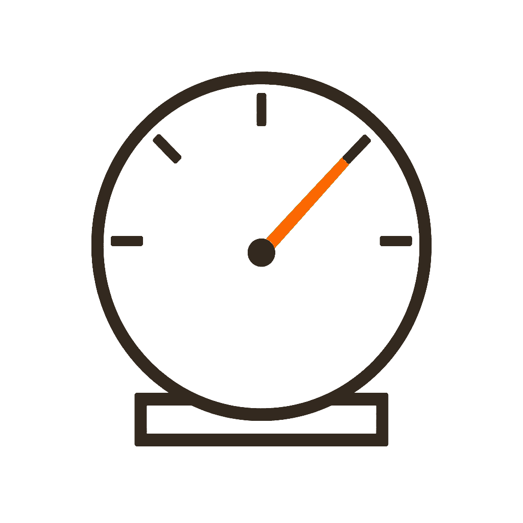Bold line drawing: a round industrial dial gauge on a small base, its needle drawn in orange