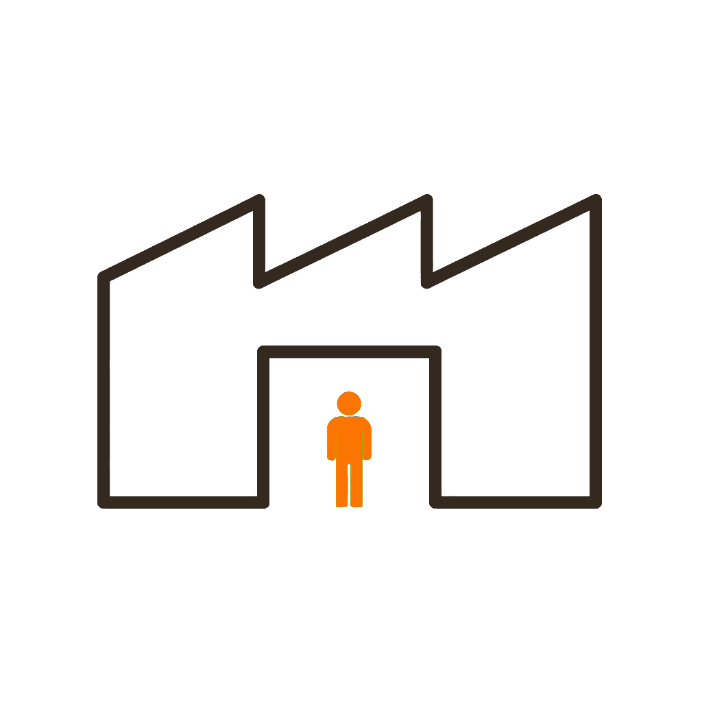 Bold line drawing: a sawtooth-roofed building with an open doorway, one figure drawn in orange standing in it
