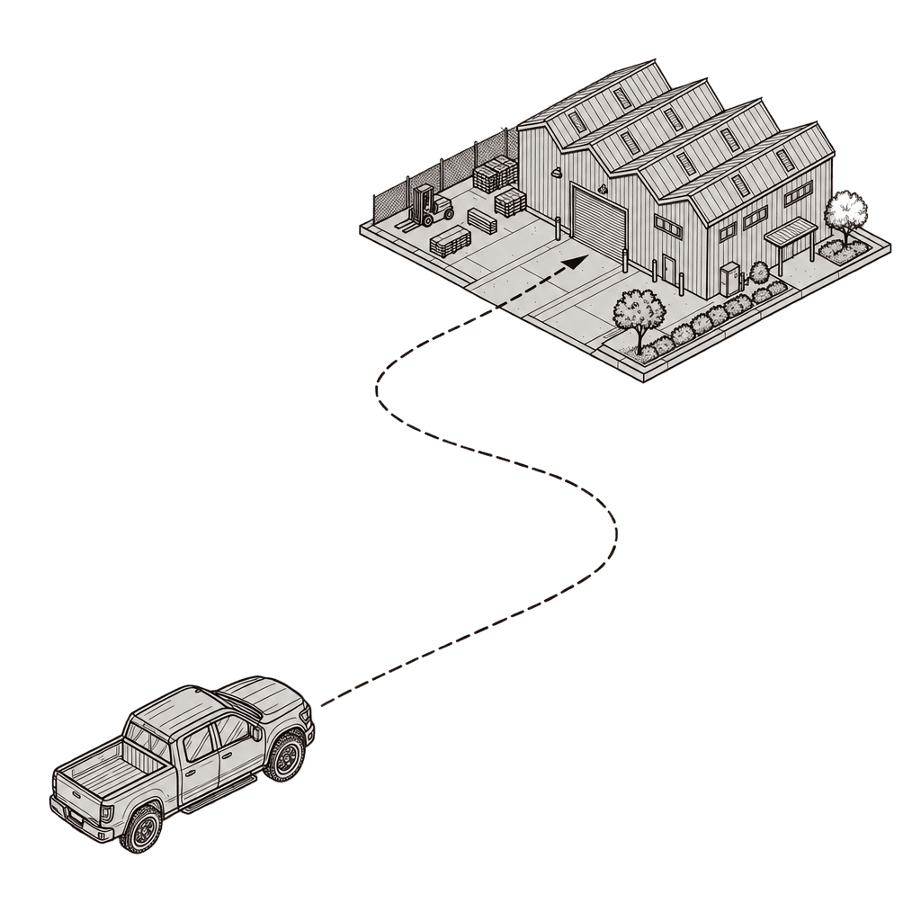 Line drawing: a pickup truck following a dashed route to an isometric pad with a sawtooth-roofed industrial building