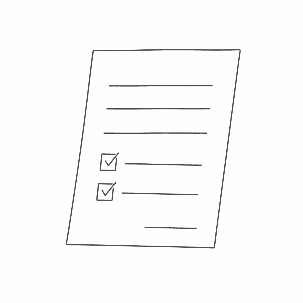 Line drawing: a document with two checked boxes and a signature line
